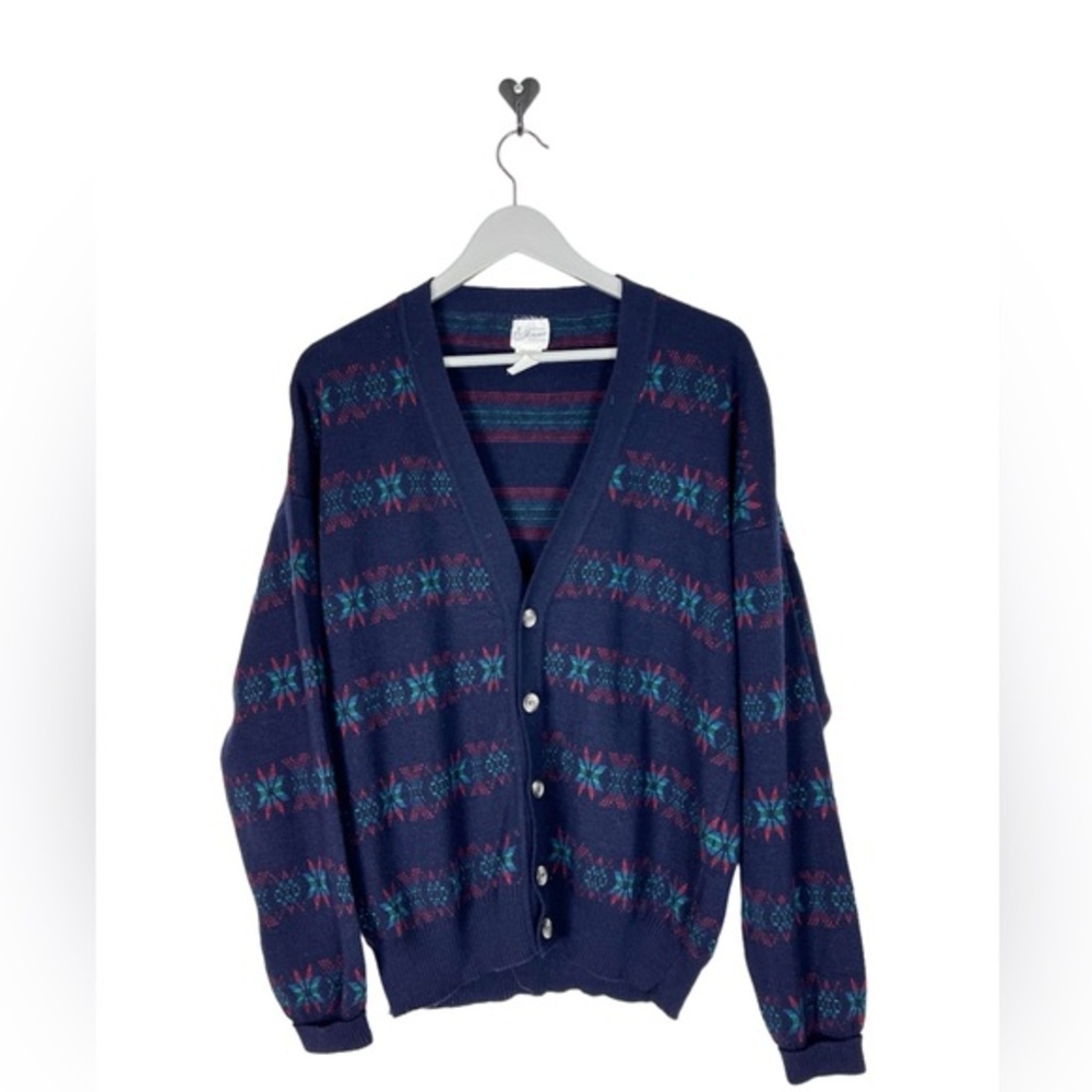 vintage cardigan sweater made in Italy Mens Large wool blend nordic design Navy